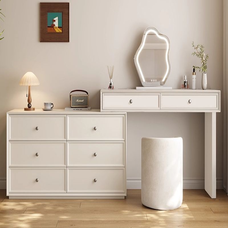 胡桃木梳妆台中古奶油风小户型卧室斗柜一体实木化妆桌宋式美学