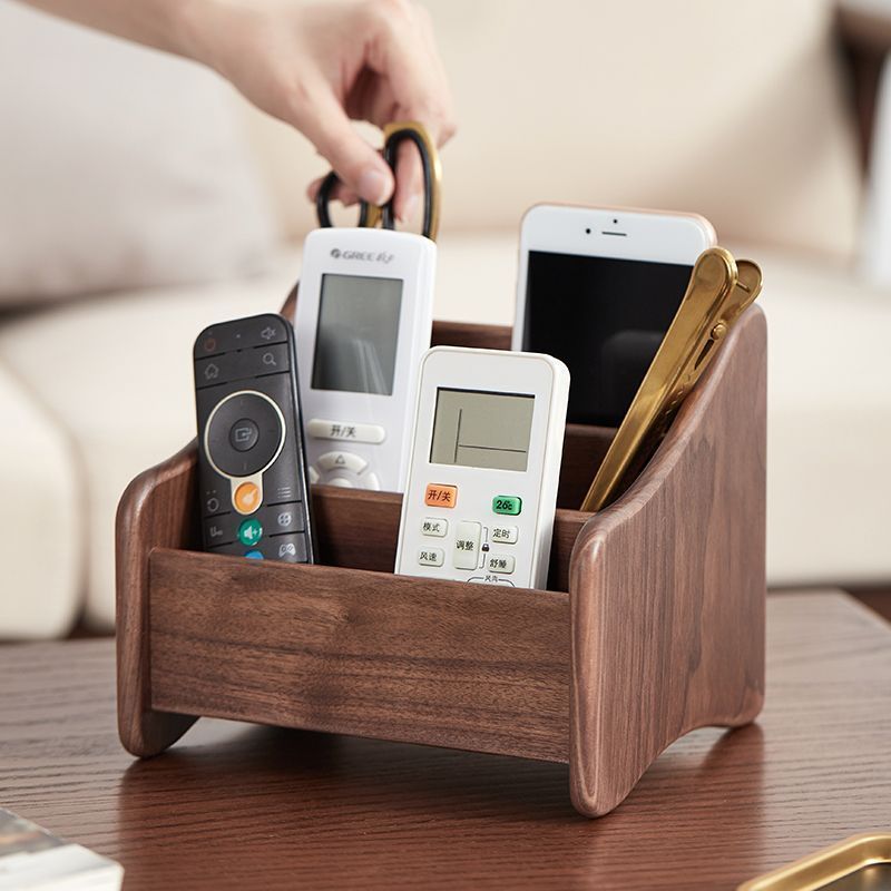 黑胡桃木遥控器 桌面杂物分格整理盒 复古轻奢 客厅办公室茶几用