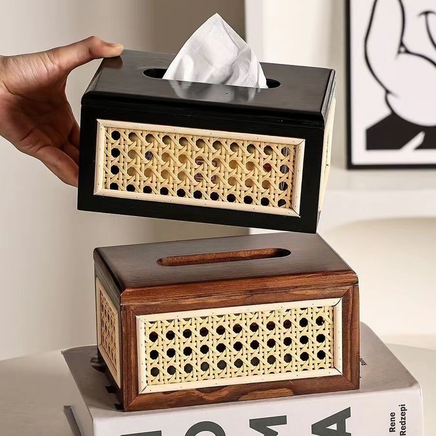 实木桌面藤编日式纸巾盒家居高颜值纸盒卧室复古家用客厅茶几抽盒