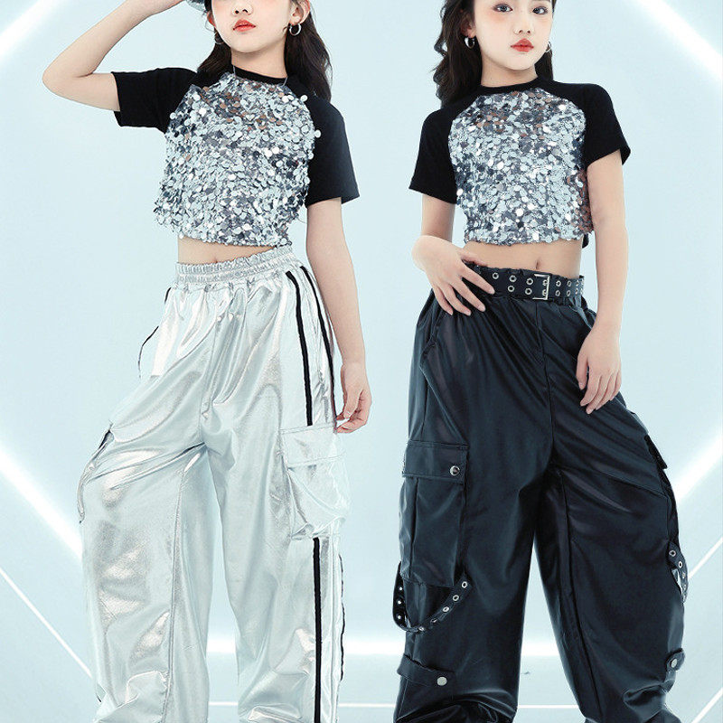 少儿爵士舞露脐亮片女团皮裤演出服潮酷舞台表演闪亮效果,运动/瑜伽/健身/球迷用品,爵士舞服装,淘宝优惠券,粉丝福利购,淘宝优惠卷