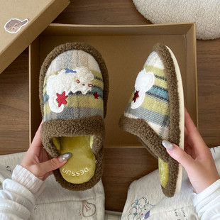 2025冬季新款女士可外穿毛绒平底拖鞋时尚一字棉拖保暖外穿