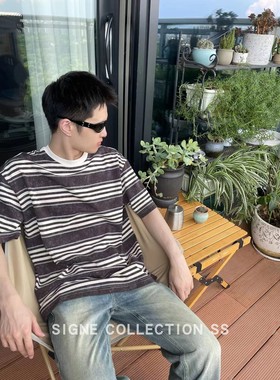 西格尼SIGNE夏季男士t恤撞色水洗重磅基础晕色感条纹圆领休闲短袖