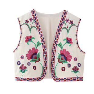 花朵刺绣春季短款上衣撞色开襟复古无袖马甲女外套Women vest top