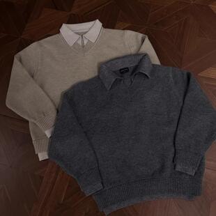 Home Daily~复古假两件v领翻领毛衣男宽松老钱风慵懒风男士针织衫