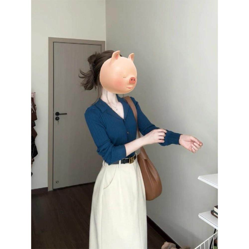 日系蓝色polo领针织打底衫女秋冬季长袖修身内搭翻领毛衣chic上衣