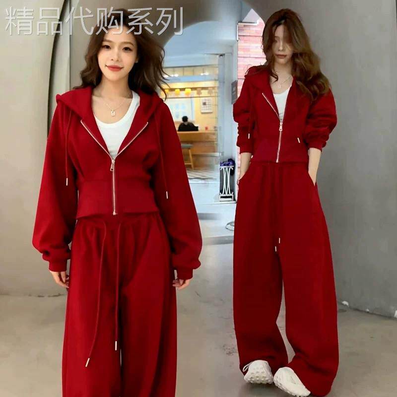 香港代购时尚休闲套装女秋季新款显瘦连帽卫衣阔腿裤运动服两件套