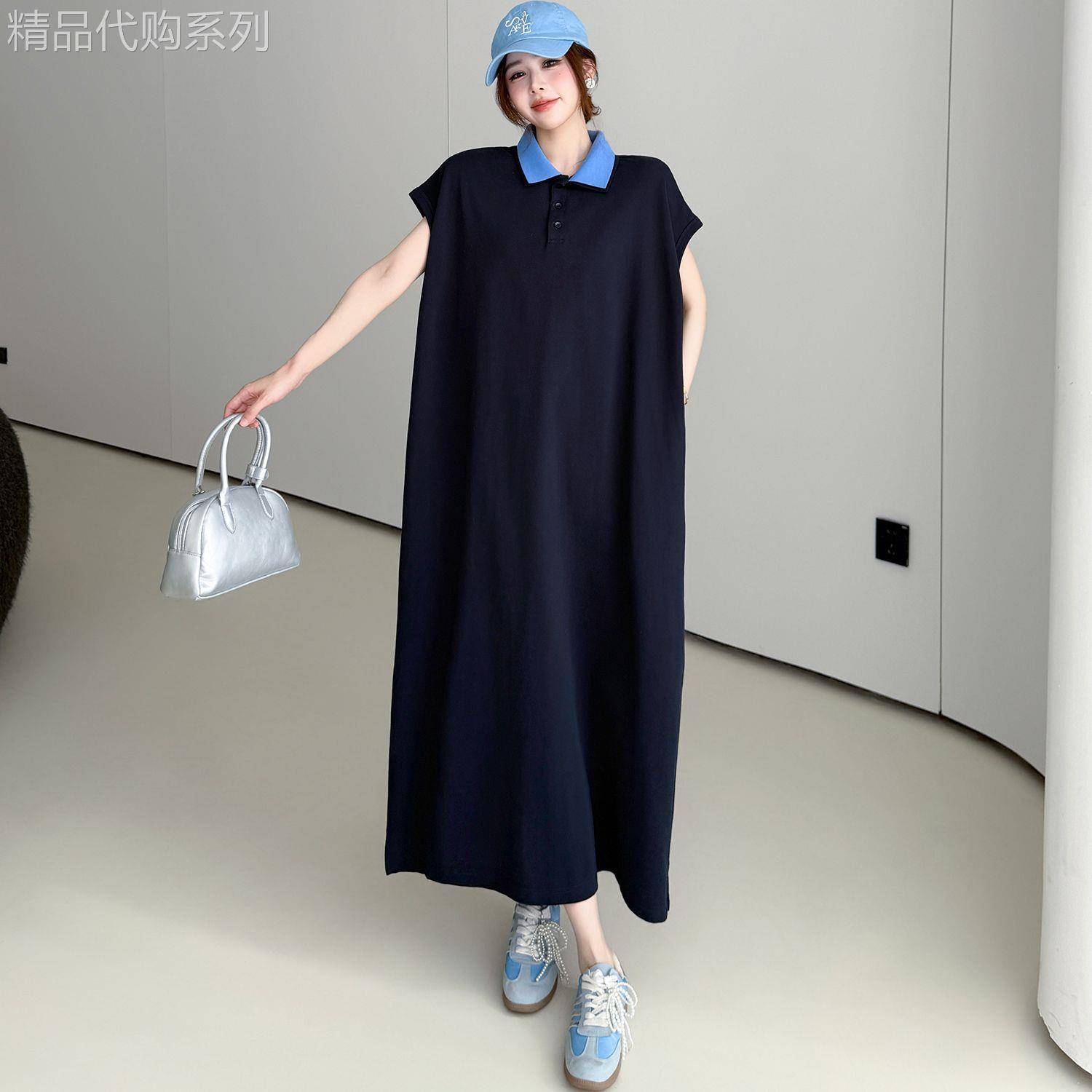 休闲POLO领T恤裙女夏短袖宽松显瘦长裙韩国大尺码遮肉藏青色衬衫