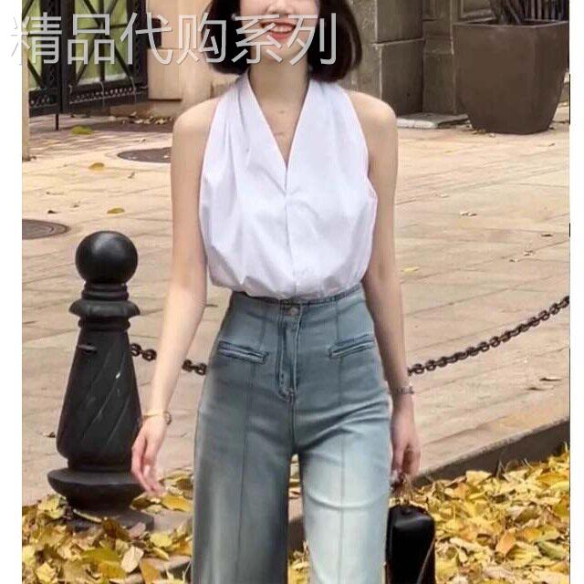 法式白色挂颈吊带衬衫女2026夏季新款欧货高级感时尚V领百搭上衣