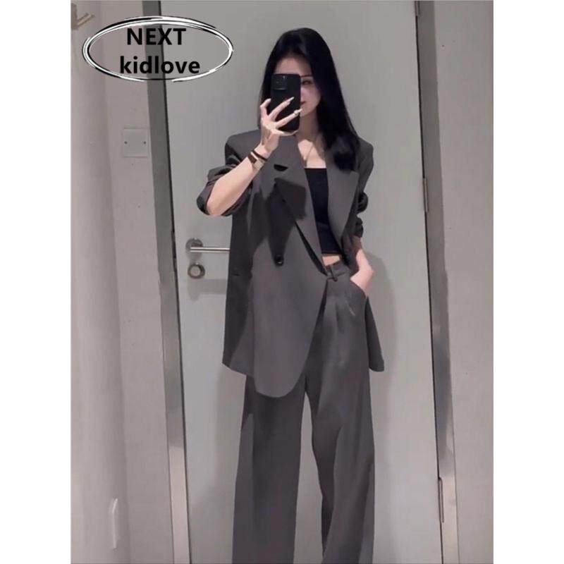 香港高级感灰色西装套装女春款时尚休闲职业西服外套阔腿裤两件套