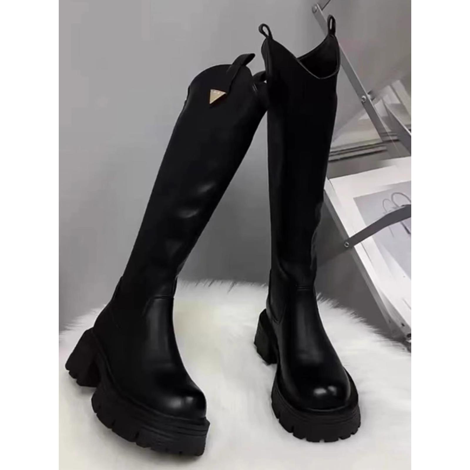 香港真皮不过膝长筒靴女秋冬2025新款加绒爆款厚底增高筒骑士靴子