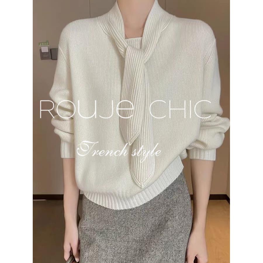 法国rouje chic秋冬季法式米白色系带套头针织衫女百搭宽松褶毛衣