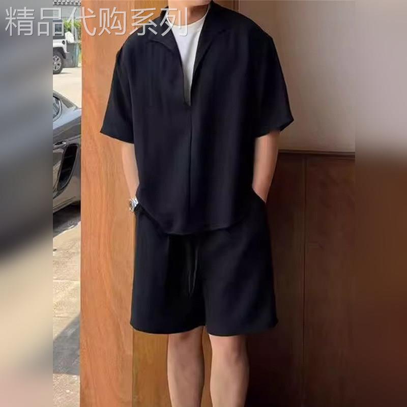 轻奢老钱风亚麻莱赛尔短袖短裤假两件套装男夏季轻薄速干衬衫裤子
