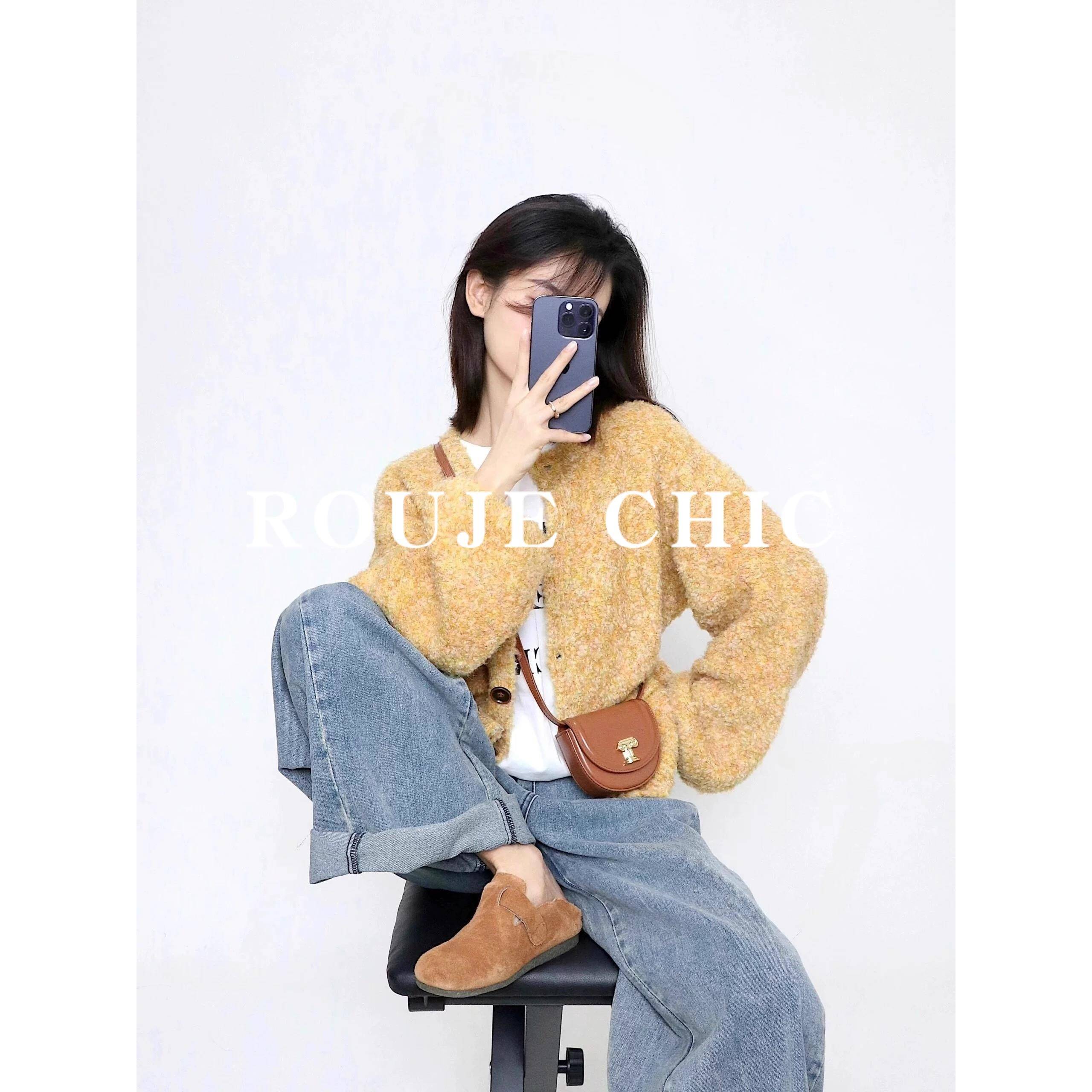 法国rouje chic黄色花杂圈圈短款针织衫女秋冬氛围感显白毛衣外套