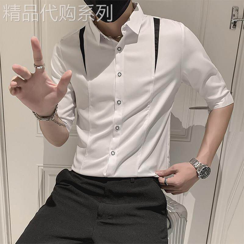 短袖衬衫男士夏季冰丝七分袖高级感修身衬衫美式潮牌修身半袖上衣