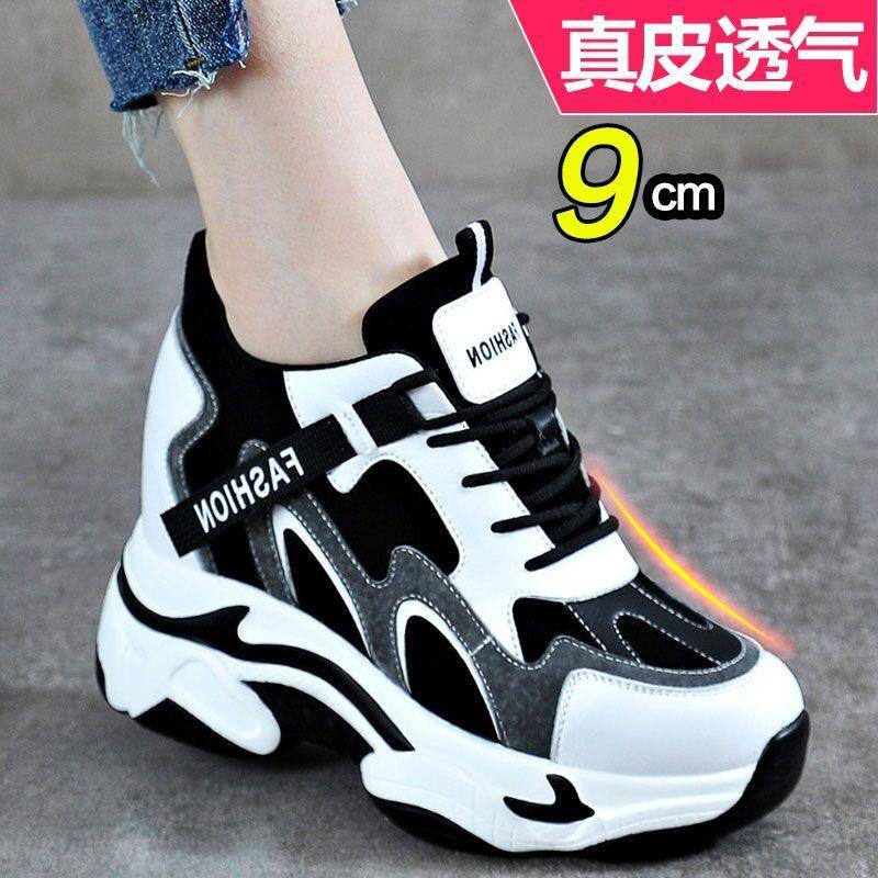 韩国透气内增高女鞋2024新款春秋厚底休闲运动百搭显瘦真皮老爹鞋