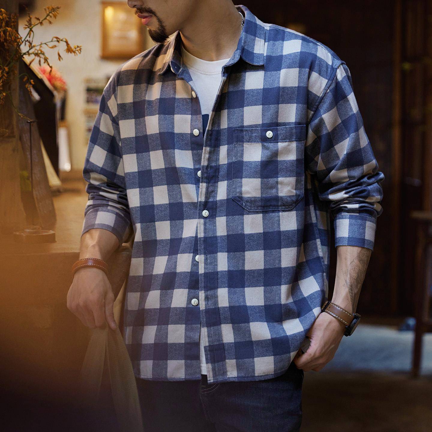 Madness Mdns Wruei莱赛尔复古格子长袖衬衫2025秋季男士潮牌衬衣