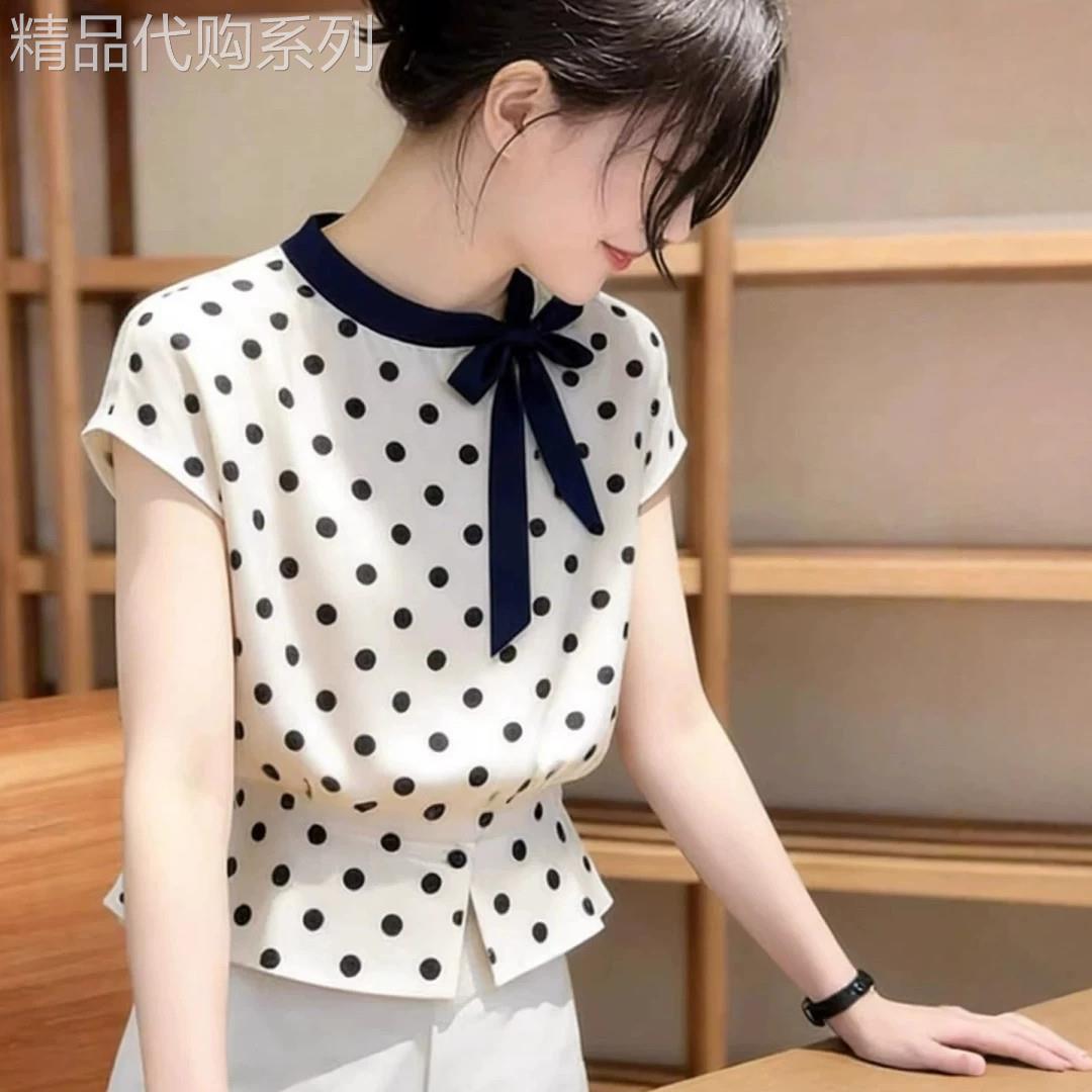 香港TIMO大码女装波点蝴蝶结短袖衬衫夏季胖MM收腰显瘦超好看上衣