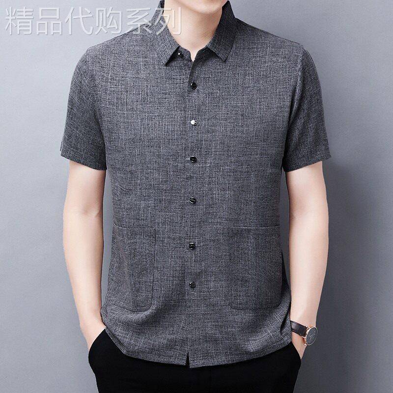 亚麻男士衬衣夏季薄款短袖衬衫男宽松棉麻半袖休闲多口袋潮牌寸衫