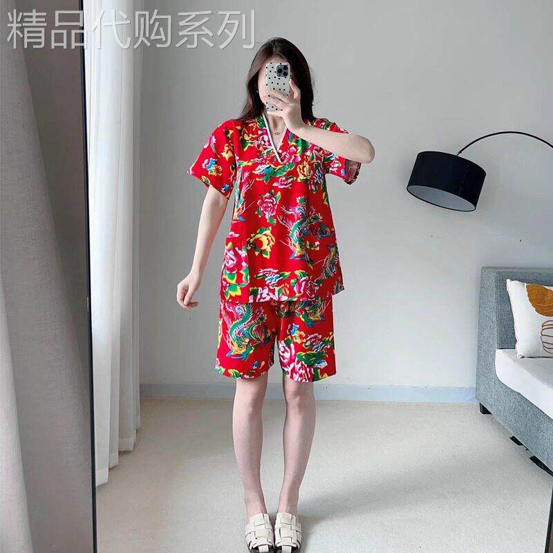 高级感可外穿家居服情侣纯棉夏款短袖短裤女款东北大花睡衣男套装