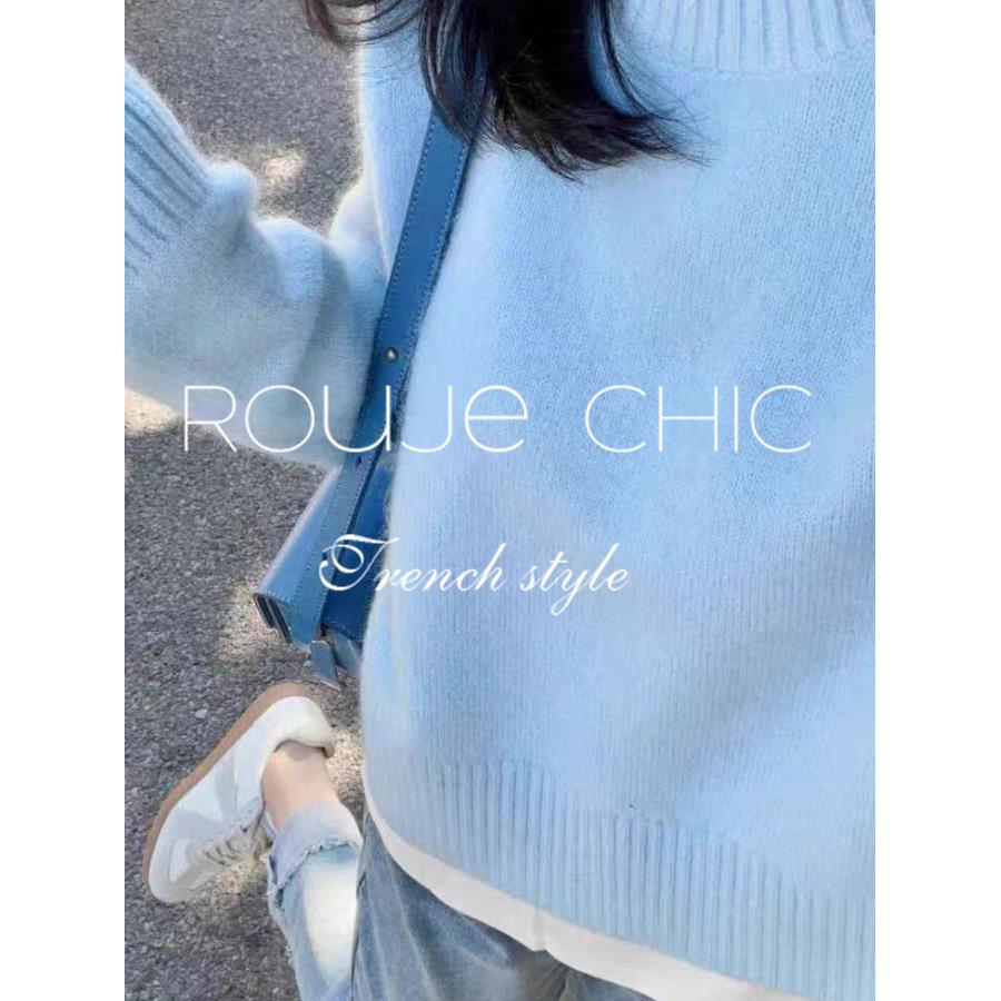 法国rouje chic秋冬季法式奶油蓝圆领毛衣温柔风慵懒针织衫上衣女