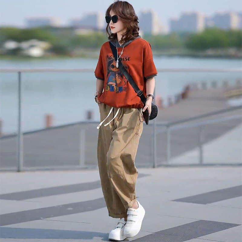 潮牌时尚套装女2026夏季新款连帽印花T恤短袖休闲哈伦裤子两件套