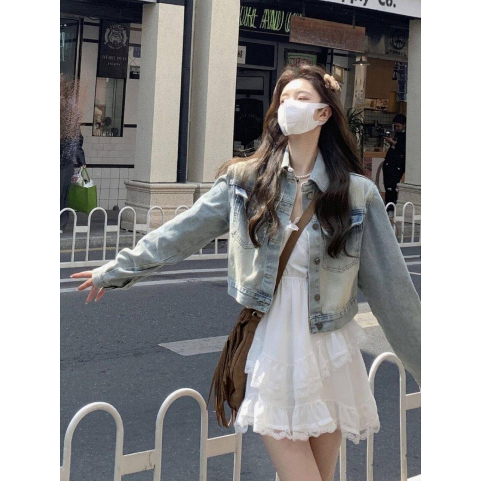 2025春秋新款美式牛仔外套女爆款小个子穿搭覆古风短款浅蓝色上衣
