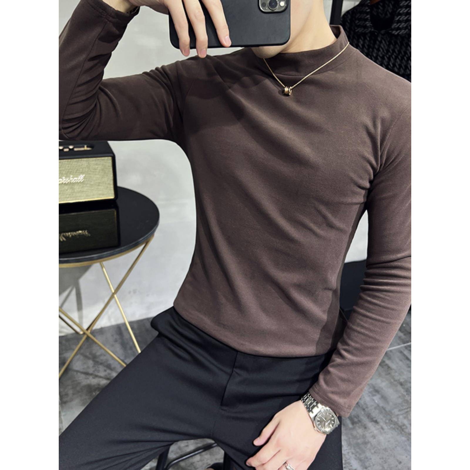 Home Daily~德绒打底衫男半高领加厚保暖双面绒长袖t恤卫衣男上衣