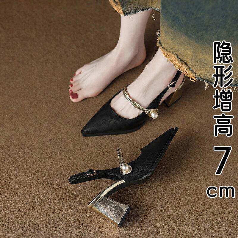 香港真皮坡跟尖头包头凉鞋女夏季2026新款配裙子不累脚高跟凉单鞋