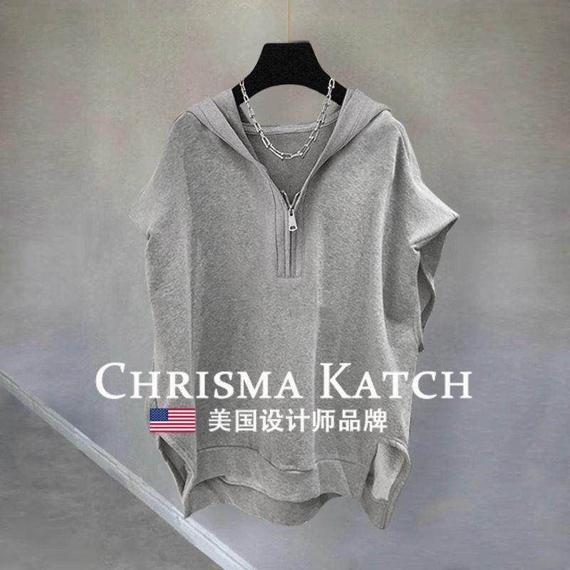 出口美国⭐Chrisma Katch~休闲连帽无袖t恤男夏季半拉炼坎肩背心
