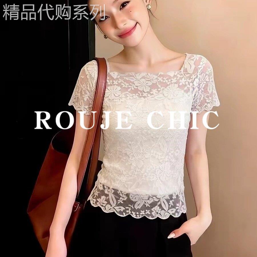 法国rouje chic法式纯欲风一字肩蕾丝短袖T恤女夏季镂空网纱上衣