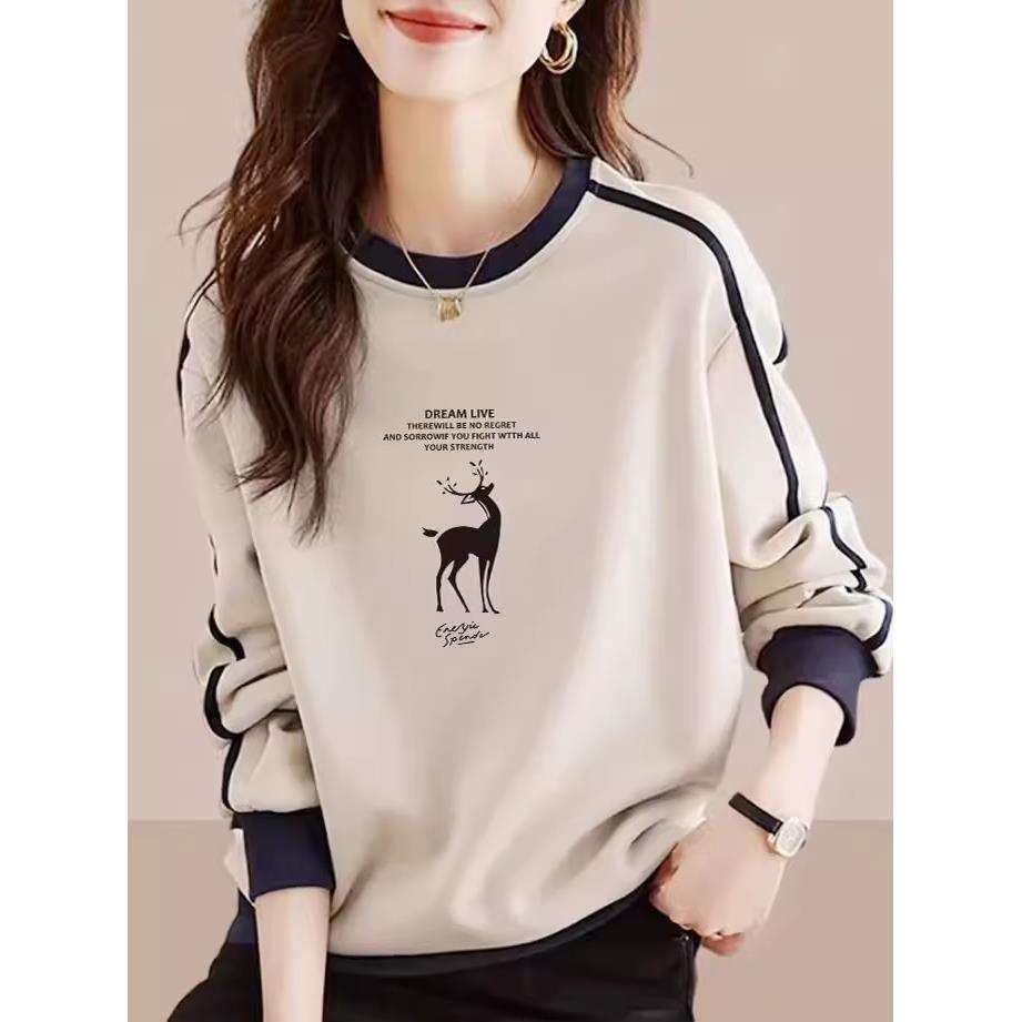 法国ASW纯棉印花卫衣女春秋2025新款打底衫百搭减龄拼色长袖上衣