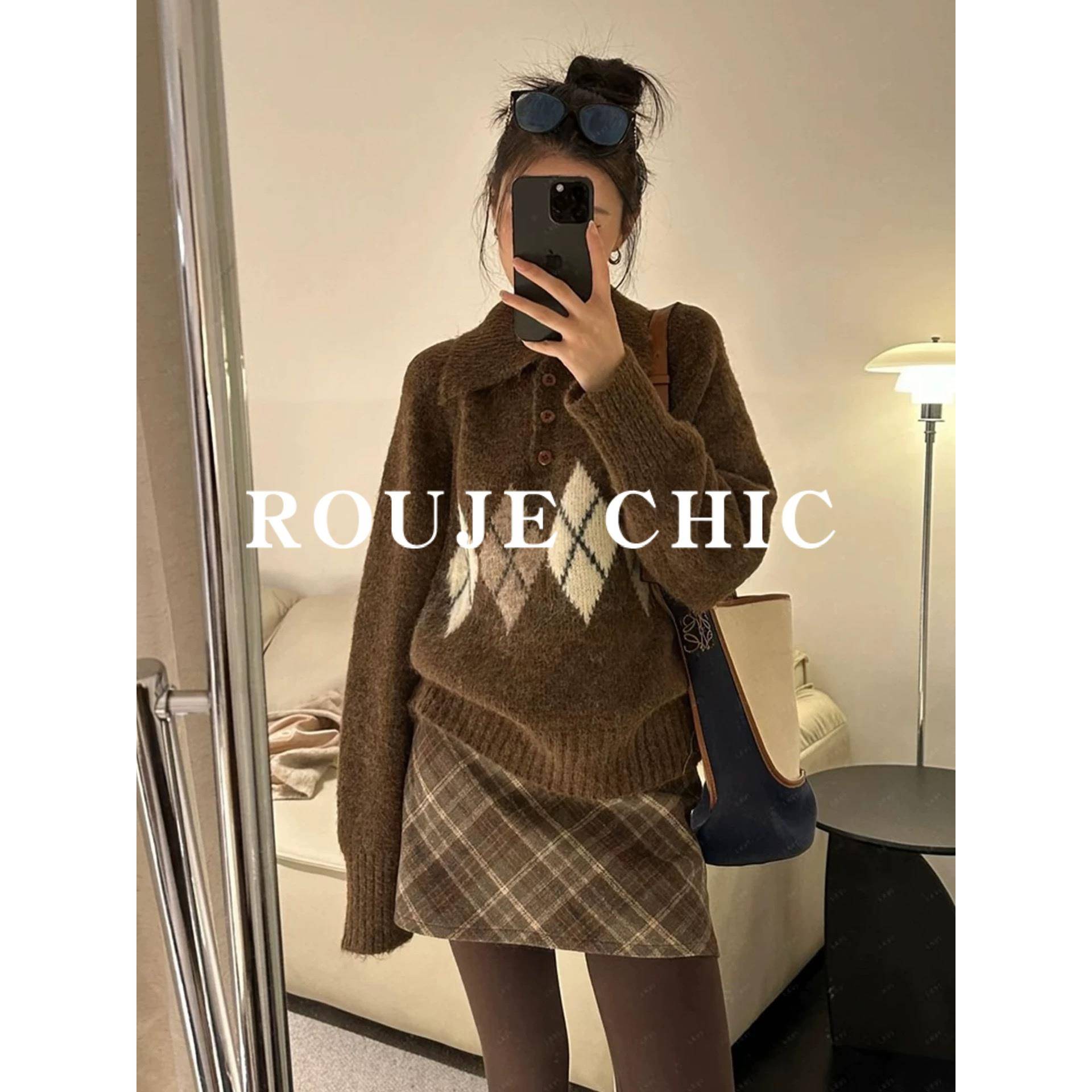 法国rouje chic美拉德咖色菱格polo领毛衣女秋冬慵懒风宽松针织衫