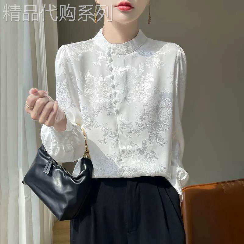 白色新中式印花长袖衬衫女春秋2026年新款醋酸缎面立领衬衣女上衣