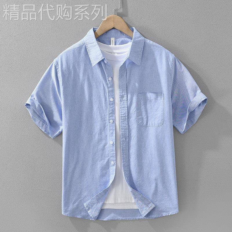 香港日系竖条纹短袖衬衫男生夏季薄款牛津纺衬衣文艺简约潮流半袖