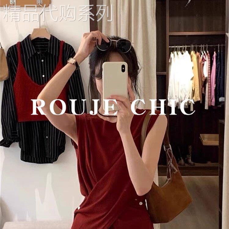 法国rouje chic法式复古红色交叉冰丝针织背心女夏季T恤无袖上衣