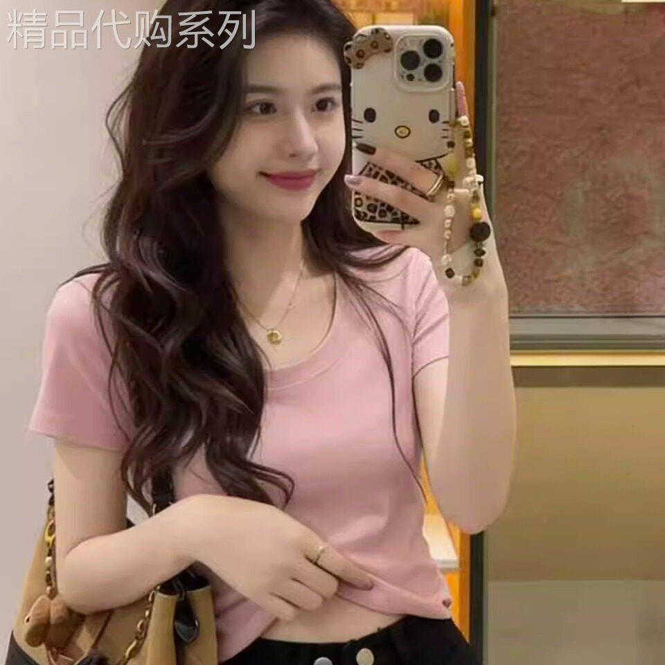 正肩大领口短袖t恤女新款夏季爆款别致甜辣chic圆领显瘦百搭上衣