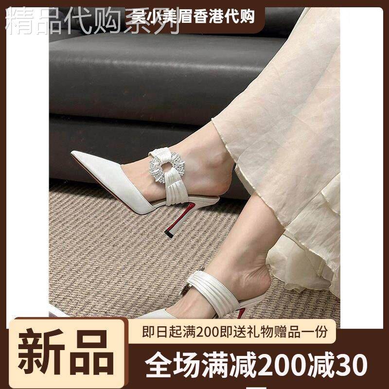 香港外穿水钻高跟凉拖女2026夏季新款配裙子绸缎尖头细跟包头凉鞋