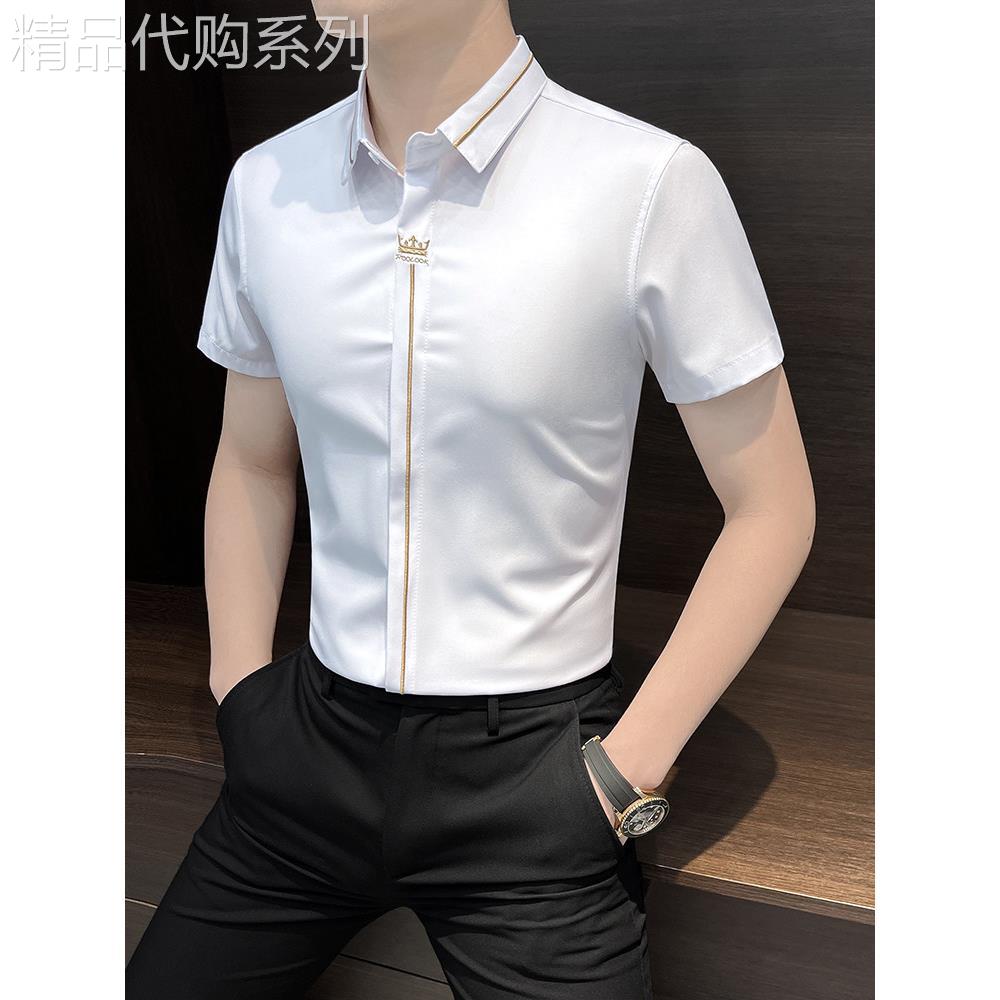 夏季高级感冰丝刺绣短袖衬衫男2026新款修身痞帅休闲百搭白色衬衣