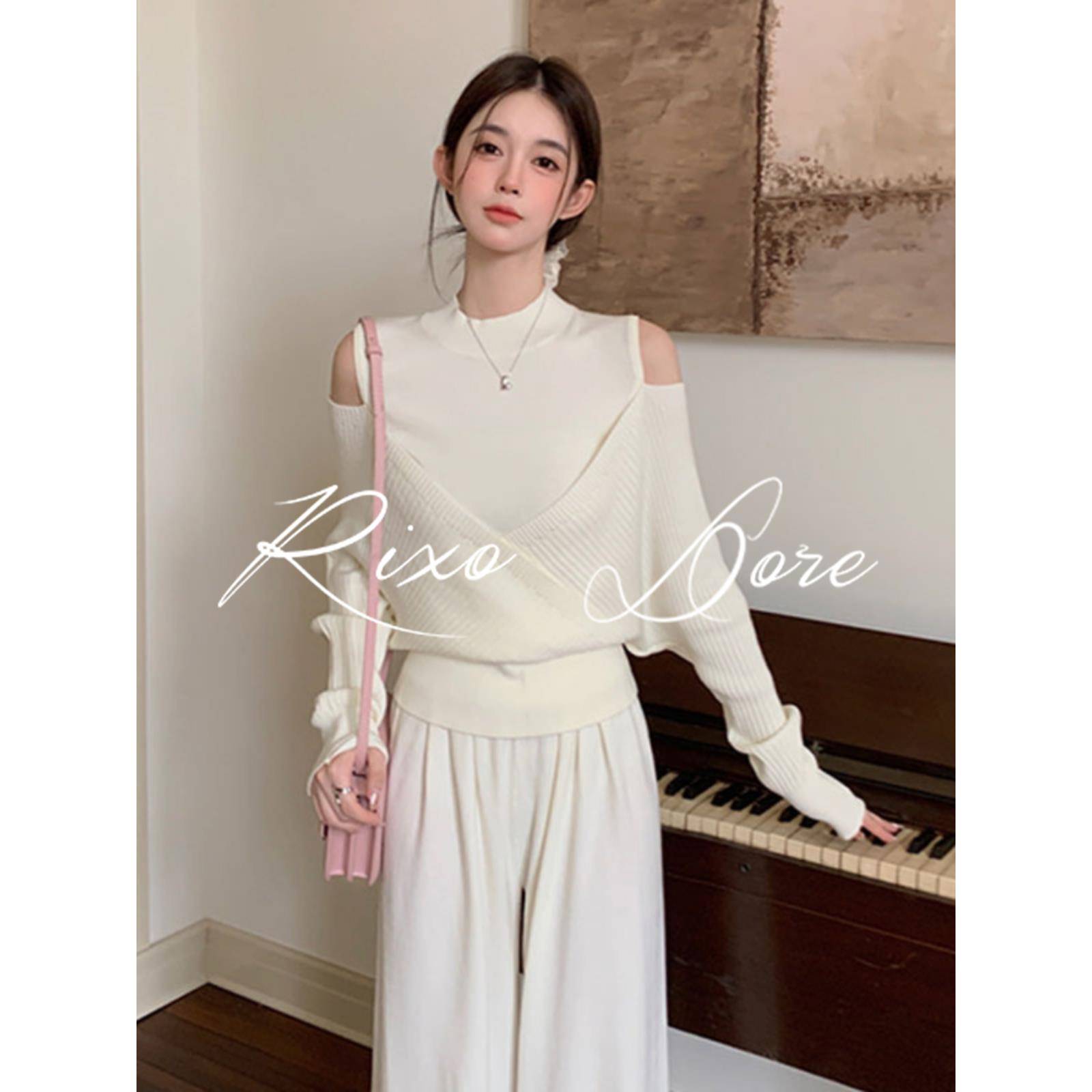 RIXO DORE法式高级感半高领露肩假两件针织毛衣+针织阔腿裤两件套