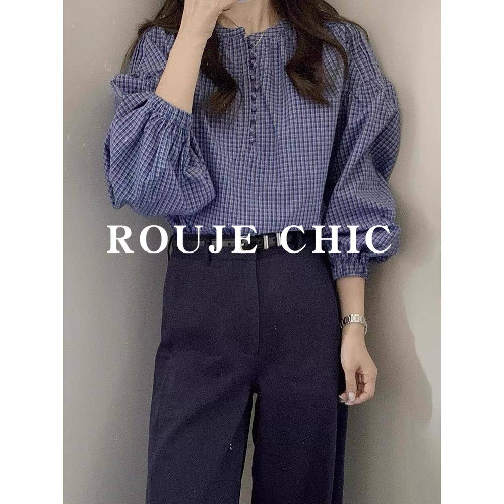 法国rouje chic法式蓝色格纹长袖衬衫女早秋气质风半开领漂亮小衫