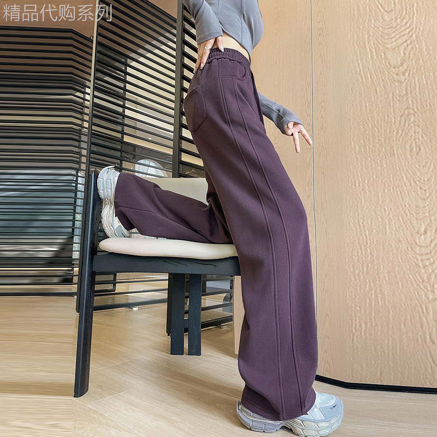 紫色运动裤女春秋薄款小个子直筒休闲卫裤2026新款高腰九分阔腿裤