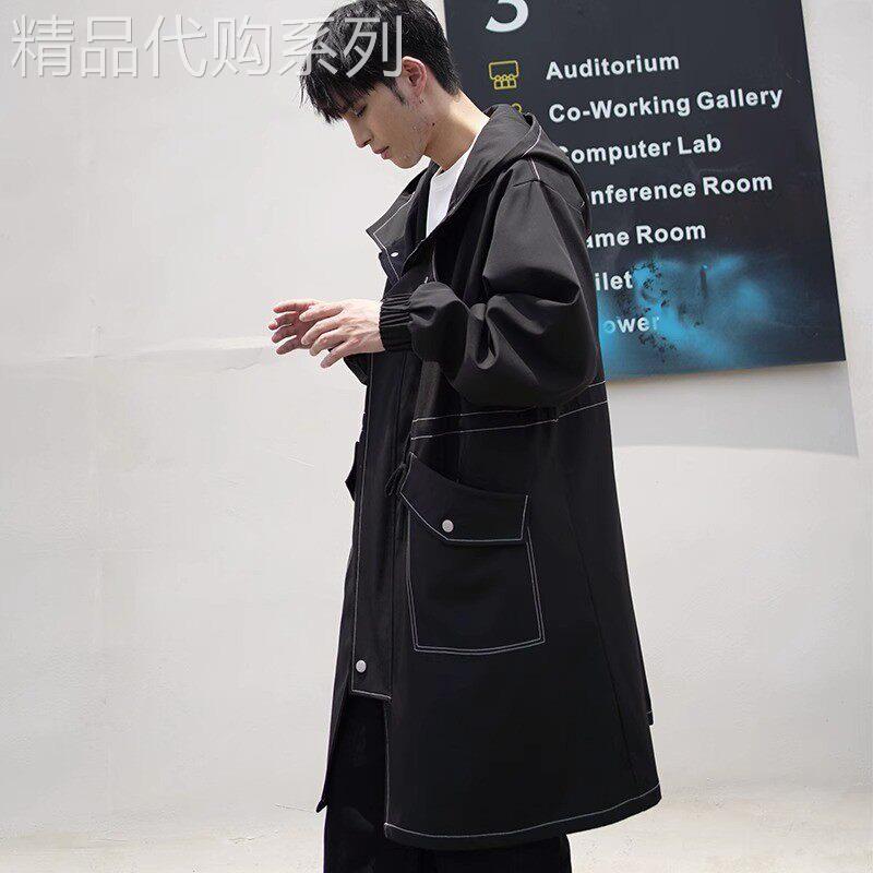 MK高端风衣男中长款春秋季辑明线黑色休闲连帽夹克男士秋装外套潮