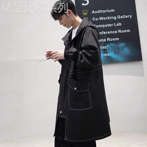 MK高端风衣男中长款春秋季辑明线黑色休闲连帽夹克男士秋装外套潮