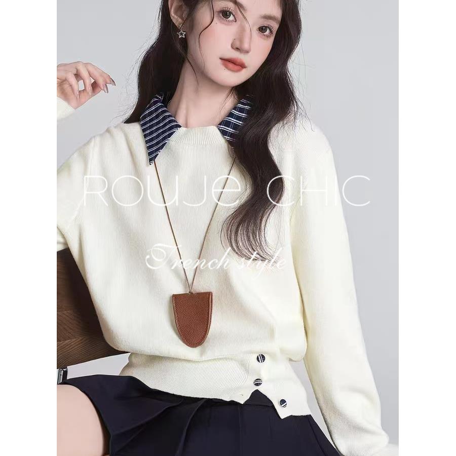 法国rouje chic秋冬季法式杏色设计感假两件Polo领针织衫褶毛衣女