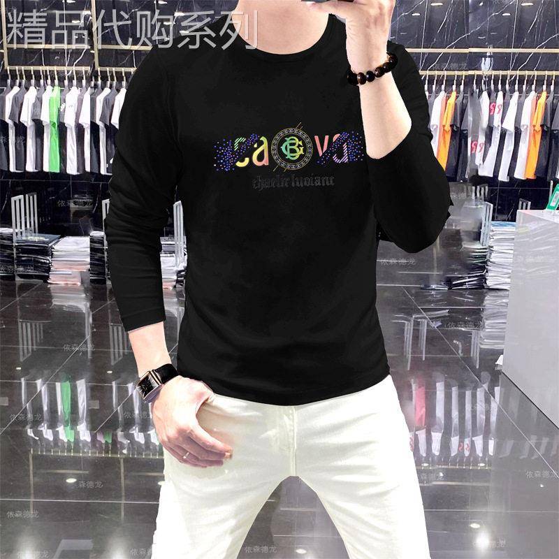 香港潮牌男士丝光棉长袖t恤修身时尚印花亮片潮流休闲打底衫上衣