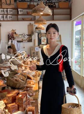 RIXO DORE法式高级赫本黑色v领针织长袖连衣裙女秋冬新款a字长裙