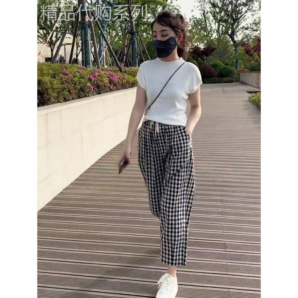 松紧腰黑白格子九分哈伦裤女2026夏季高腰宽松薄款百搭休闲裤春秋