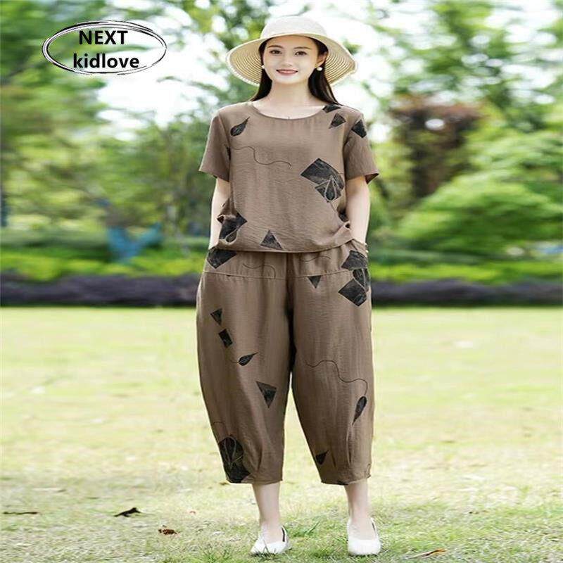 香港大尺码薄款短袖T恤九分裤棉麻套装女夏款胖mm休闲 减龄两件套