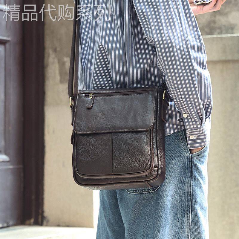 香港免税代购头层牛皮复古单肩包通勤真皮潮流高级感男士斜挎包
