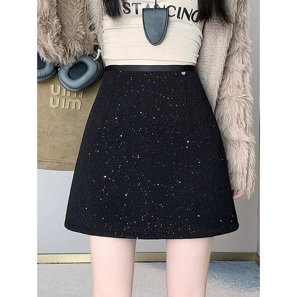 韩国黑色毛呢亮片半身裙女士2025秋冬新款高腰a字显瘦包臀短裙子